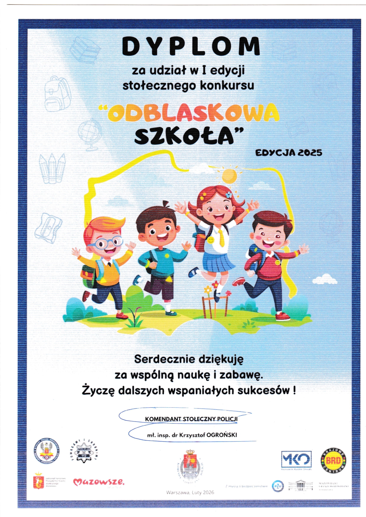 Ikona do artykułu: Dyplom za udział w I edycji stołecznego konkursu ,, Odblaskowa szkoła"
